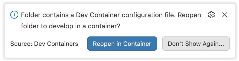 Notification prompting to reopen folder in a container with Reopen in Container button