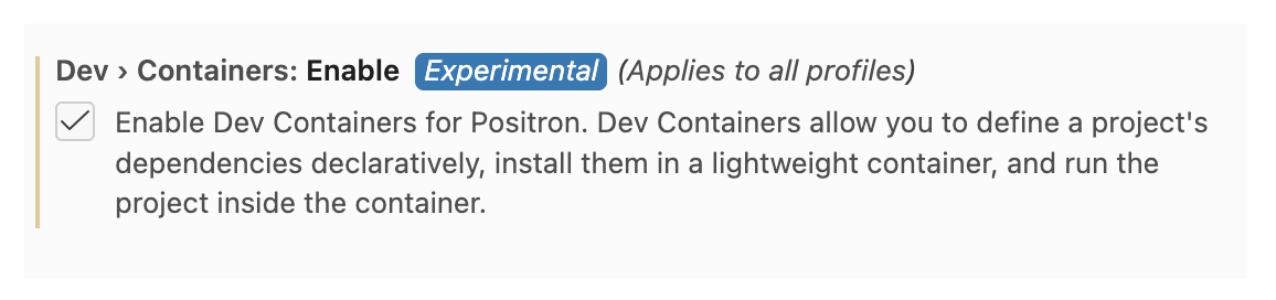 The Dev Containers Enable setting checkbox, marked as Experimental