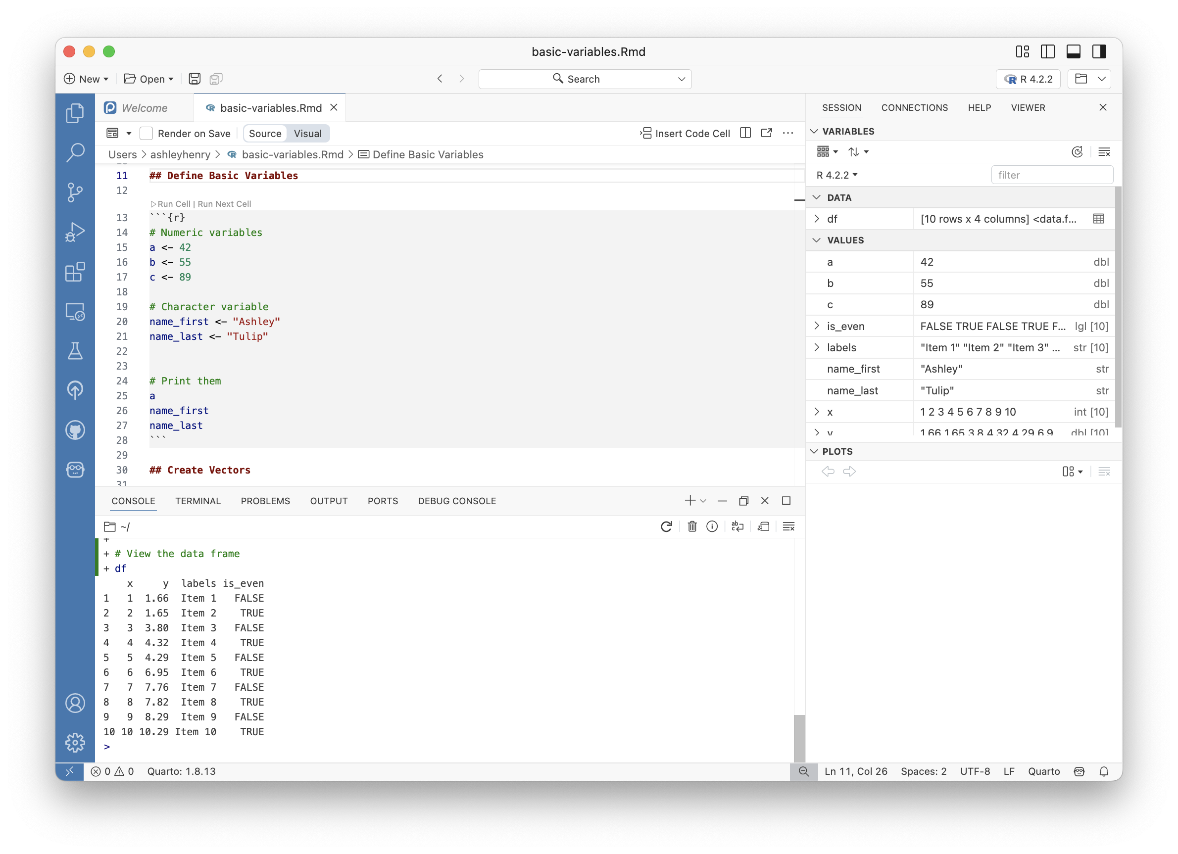 Variables pane showing a list of variables including data frames, values like numbers and strings, and a Plots section, with R 4.2.2 interpreter active.
